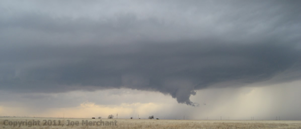 The mesocyclone and wall cloud of a supercell thunderstorm in southeast Hale County. Photo courtesy Joe Merchant. Click on the image to view a large version.