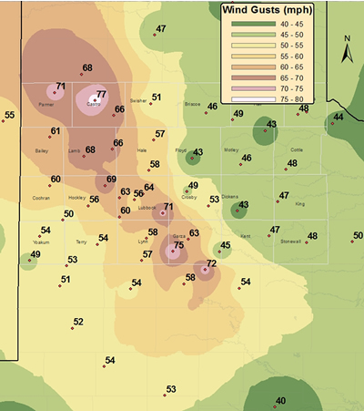 Plot of the maximum recorded wind gusts during the late afternoon and early evening hours on 17 October 2011. The data are courtesy of the West Texas Mesonet and the National Weather Service. Click on the map for a enlarged view