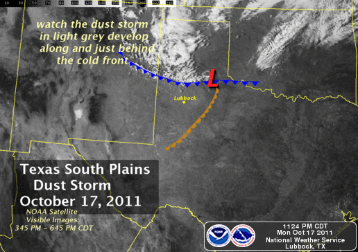 Visible satellite animation during the late afternoon and early evening hours of the October 17th, 2010. The animation shows the approximate position of the cold front (blue) as it races across the South Plains. Also displayed is a large area of dust along and behind the front across eastern New Mexico into the South Plains, along with areas of clouds (the lighter white colors). Click on the animation for a larger version.