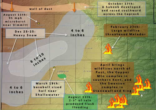 Map displaying many of the more notable weather impacts to the region in 2011. Click on the image for a bigger view.