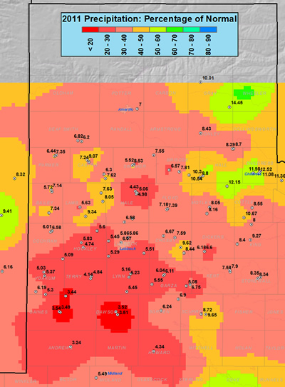 This map shows the 2011 rainfall as a percent of the 30-year normal rainfall (1971-2000). Also plotted is the rainfall observed, in inches, at each collection site. Please click on the map to view a full-sized version.