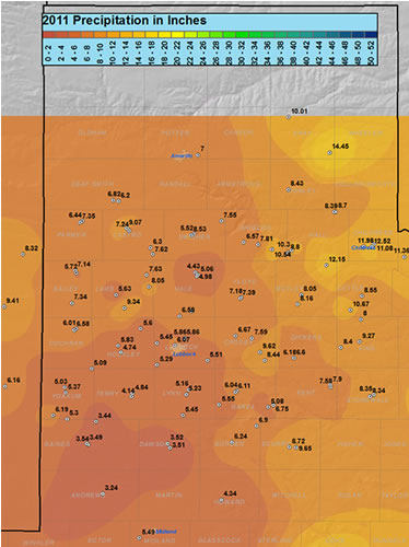 This map displays the 2011 year precipitation totals. The map was created with data gathered from the NWS Cooperative observers and the West Texas Mesonet. Click on the map to view a full-sized version.