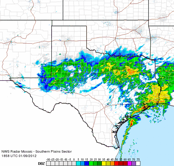 Radar reflectivity animation valid from 1:58 pm to 3:08 pm CST on January 9th, 2012