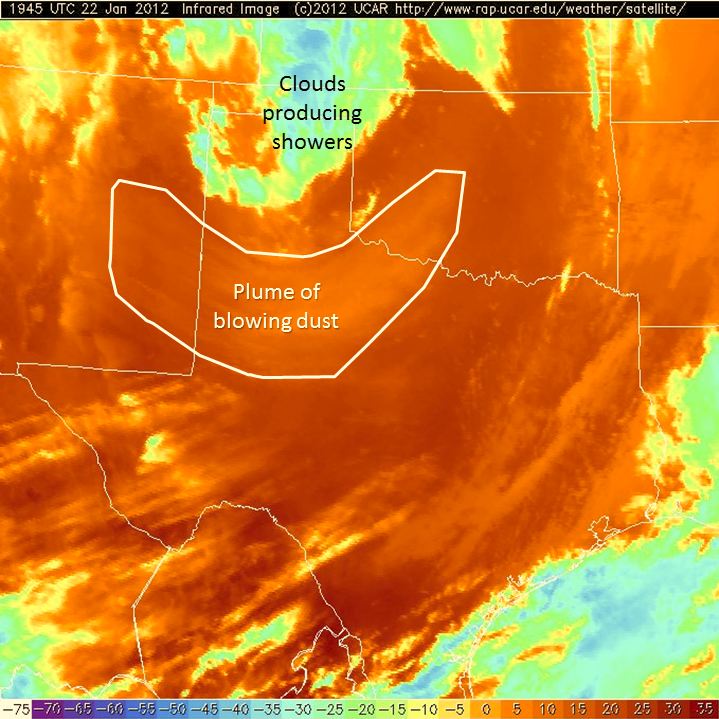Infrared satellite image taken at 1:45 pm on Sunday, 22 January 2012. Clearly visible is a large plume of dust encompassing a large portion of the region. Also noted is an area of clouds and showers which help enhance the winds across the Texas Panhandle. Click on the image for a larger version.