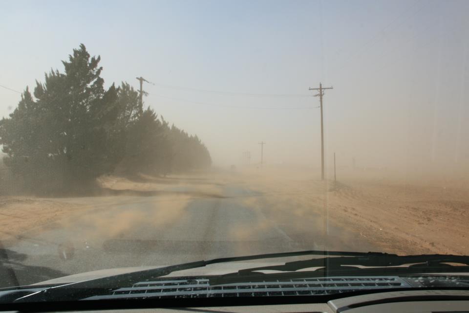 Photograph of blowing dirt across a road in Hockley County