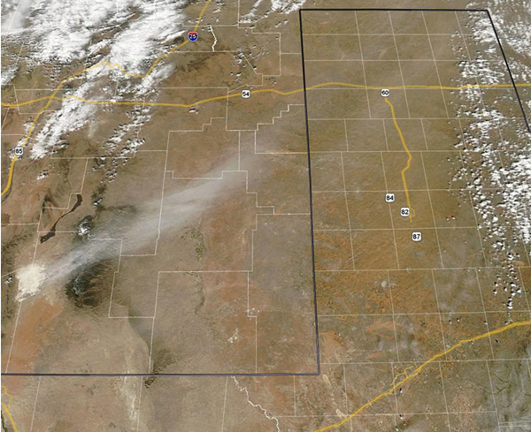 Visible satellite image captured around 3 pm CST 28 February 2012. Clearly evident are several large plumes of dust. Click on the picture for a larger view.