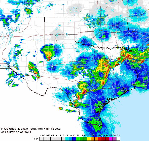 Regional radar animation captured from 9:18 pm to 10:28 pm CDT on Monday, 7 May 2012.