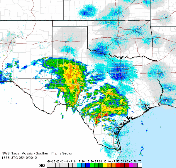 Regional radar animation captured from 11:38 am to 12:48 pm CDT on Thursday, 10 May 2012