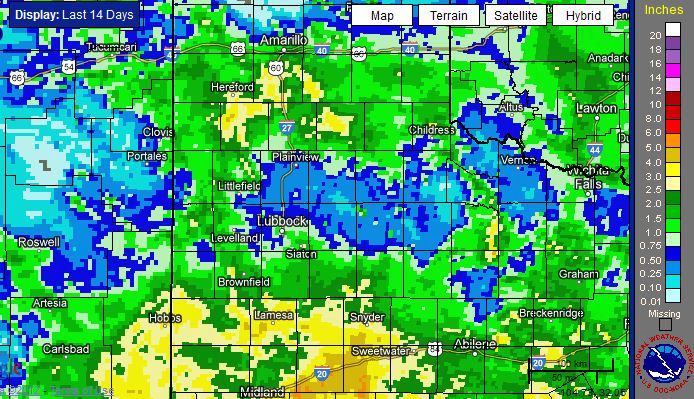 14-day total rainfall, as estimated from radar (and bias corrected), ending at 4 am on 15 May 2012. Most of the rain fell between the evening of the 7th and the evening of the 14th of May. Click on the image for a larger view. 