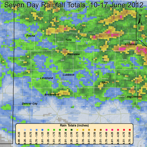 Seven day rainfall totals, as estimated (and bias corrected) from radar, ending early Sunday morning (17 June 2012).  