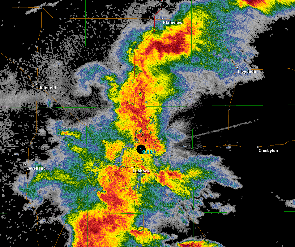 Radar image of thunderstorms across the central South Plains around 5:30 pm
