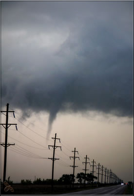 Picture of a funnel cloud taken in eastern Hale County just after 7 pm on 12 October 2012. The image is looking north from FM 400 just south of the community of Happy Union. The picture is courtesy of Erin Shaw. Click on the image for a larger view. 