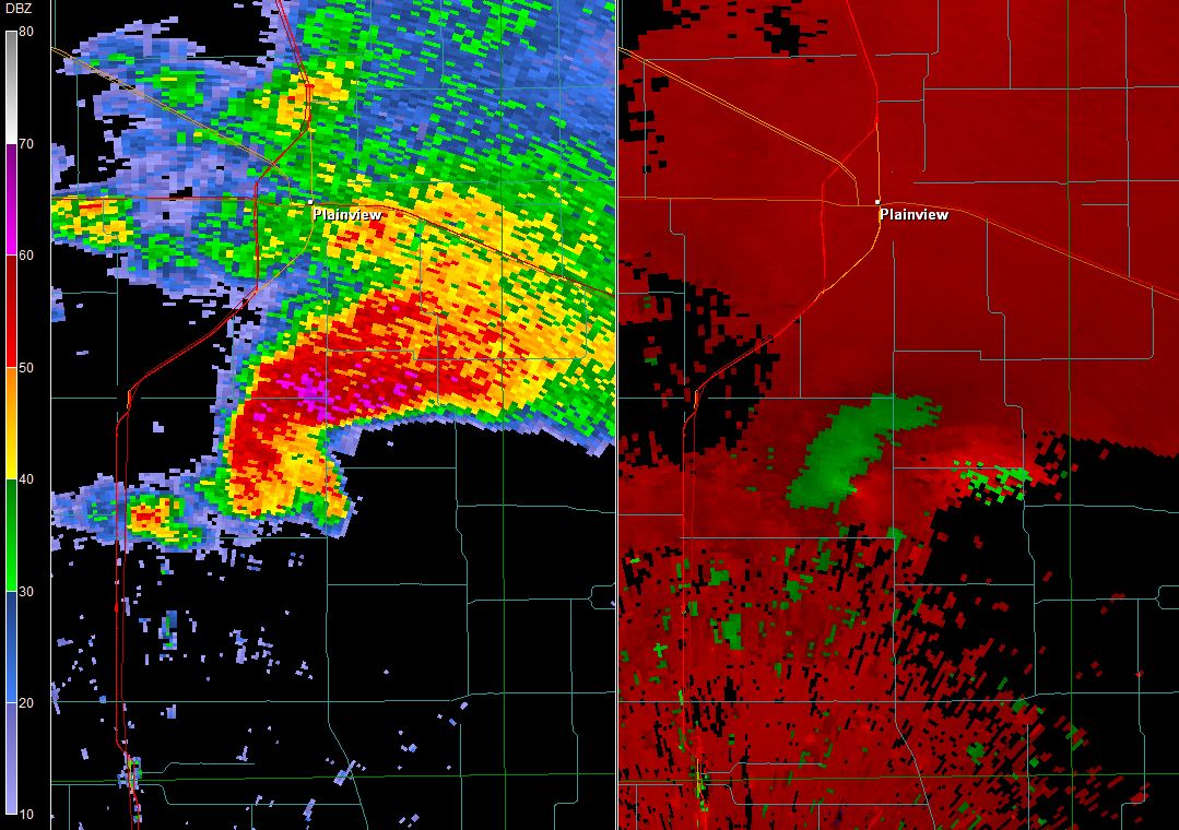 0.5 degree reflectivity (left) and velocity (right) captured from the Lubbock WSR-88D at 7:11 pm on 12 October 2012, near the time of the report of the first tornado. Click on the image for a larger view.