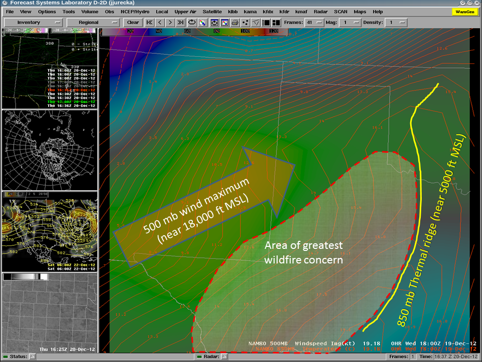500 mb winds and 850 mb temperatures around noon CST December 19th