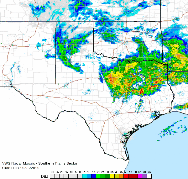 Southern Plains radar loop from about 7:30 am to 8:45 am Christmas morning.