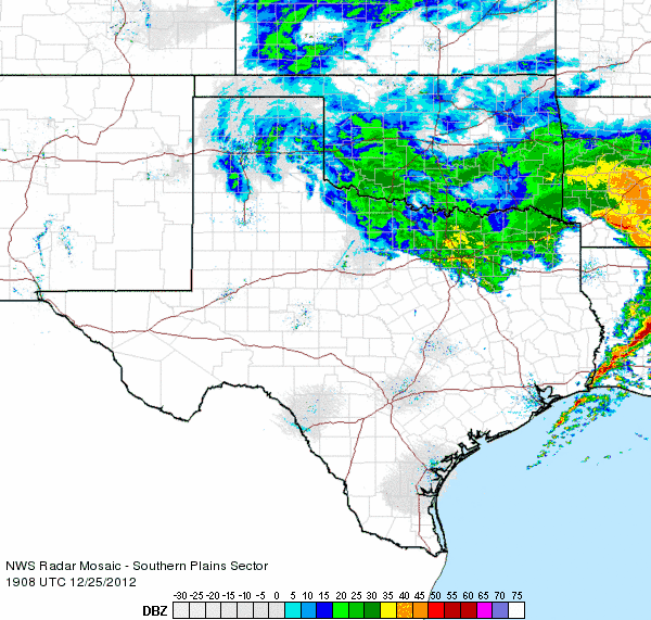 Southern Plains radar loop from about 1:00 pm to 2:15 pm Christmas afternoon.