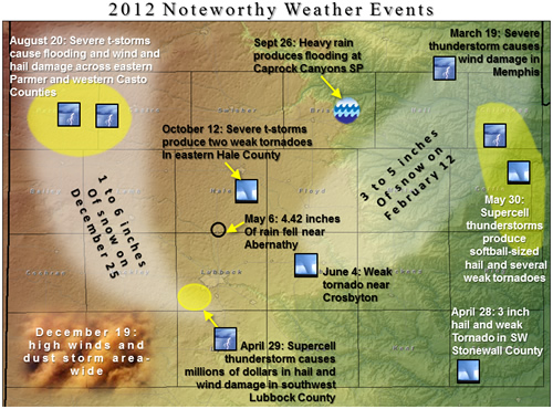 Map displaying many of the more notable weather impacts to the region in 2012. Click on the image for a bigger view.