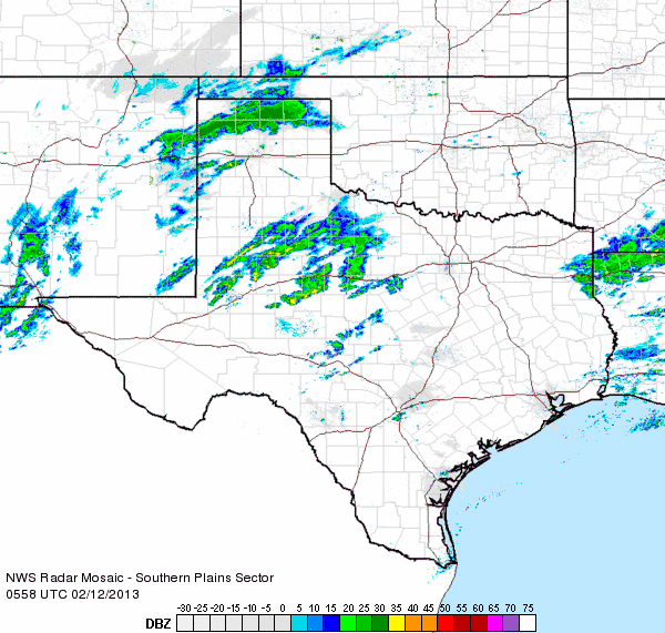 Regional radar animation valid from 11:58 pm on February 11th to 1:08 am on February 12, 2013.