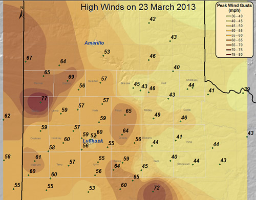 Peak winds measured during the afternoon and evening hours of 23 March 2013. Wind data is courtesy of the West Texas Mesonet and the National Weather Service. Click on the image for a larger view.