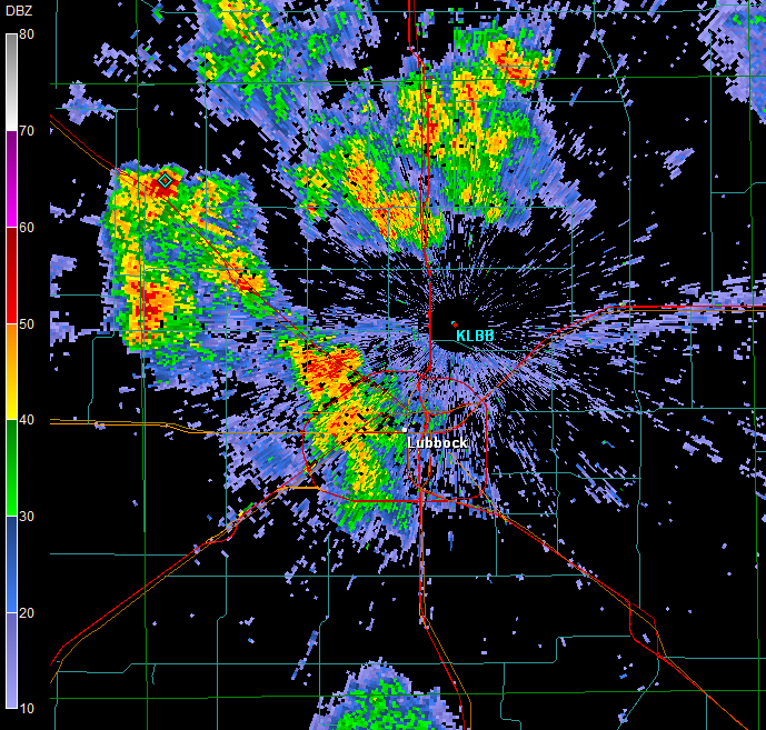Lubbock radar reflectivity image valid at 4:43 pm on 1 August 2013.