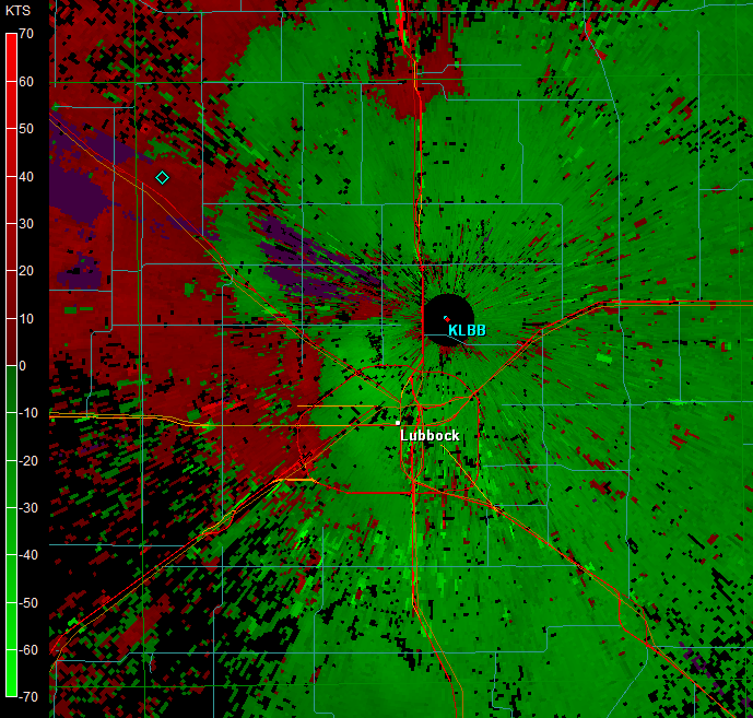 Lubbock radar velocity image valid at 4:43 pm on 1 August 2013.