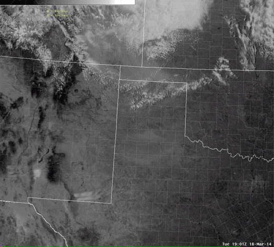 Visible satellite loop captured during the afternoon and early evening of 18 March 2014. Two distinct areas of dust are seen, one moving eastward over the South and Rolling Plains, and another moving southward out of the Texas Panhandle. 