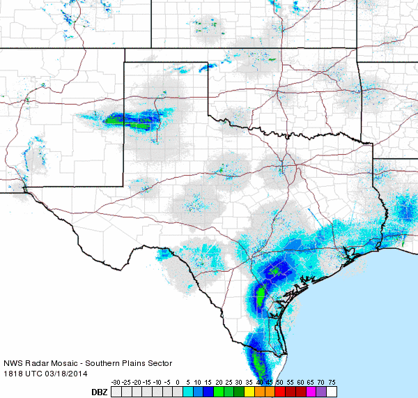 Regional radar loop valid from 1:18 to 2:28 pm on 18 March 2014. The large plume stretching from eastern New Mexico into the South Plains is not rain or snow, but a thick plume of dust.