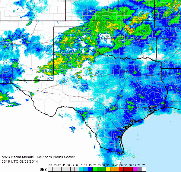 Regional radar animation valid from 10:18 to 11:28 pm on Friday, 5 September 2014.