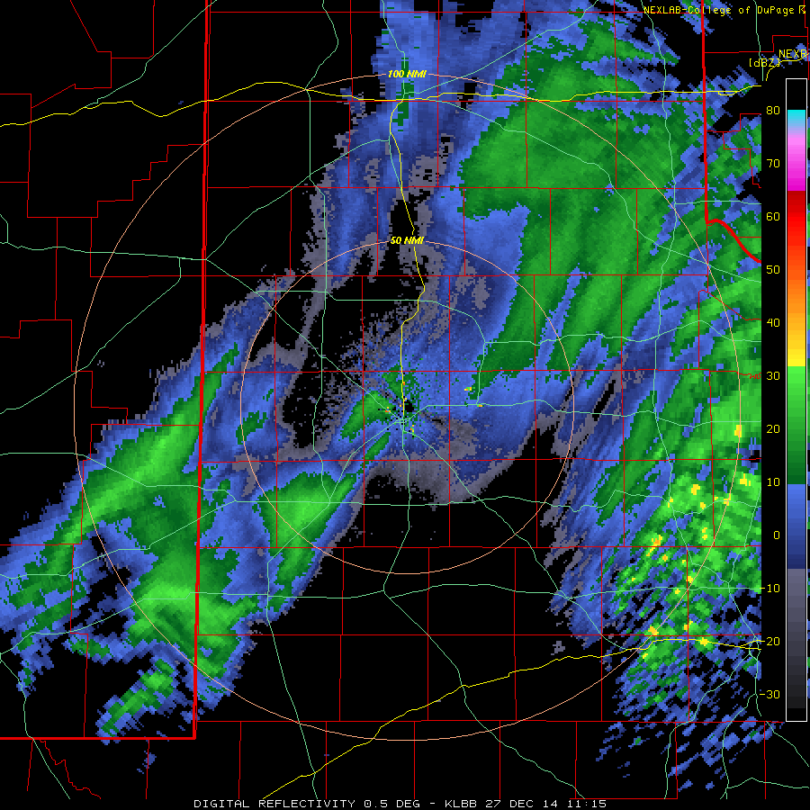Lubbock WSR-88D radar animation valid from 6 am to 9 am on 27 December 2014