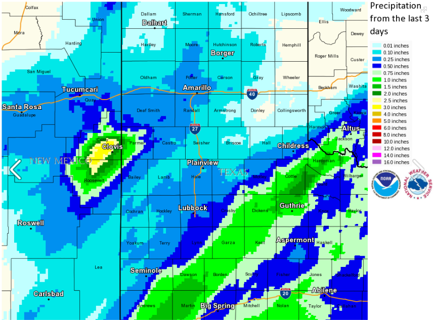 Radar estimated 3-day liquid equivalent precipitation total end on January 3rd, 2015.