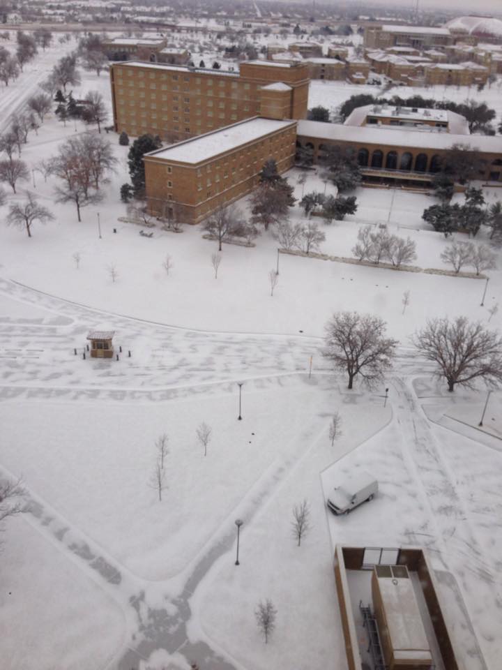 View of the Texas Tech campus on New Year's Eve 2014. The ice and snow made for a nice wintry view, though it did make travel difficult. The picture is courtesy of Tony Reinhart.