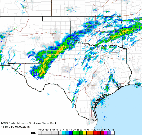 Regional radar loop valid from 12:48 to 1:58 pm on 2 December 2015.