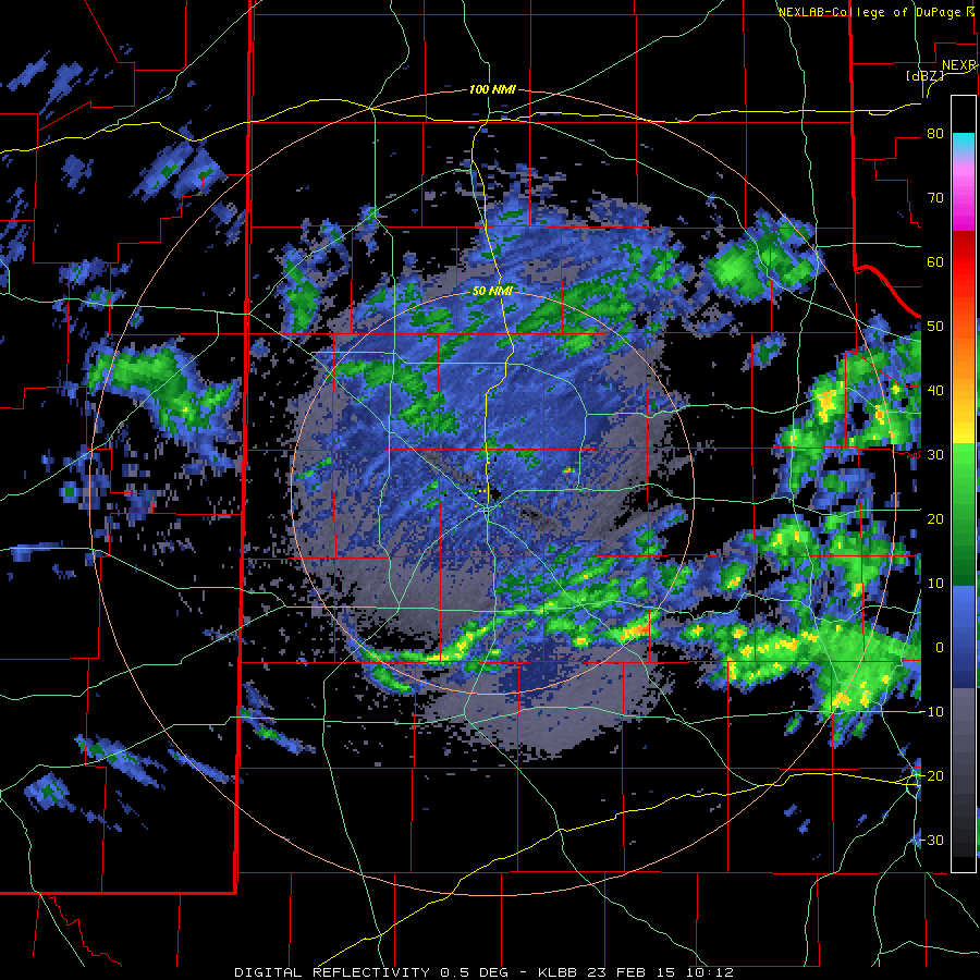 Lubbock WSR-88D radar animation valid from 4:12 am to 7:36 pm on Monday, February 23, 2015.