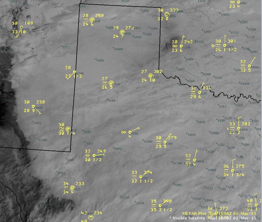 A visible satellite image of the West Texas region from 11 am on Sunday, March 1st. The top number represents the temperature and the bottom number is the dewpoint. The horizontal lines indicate fog at the observation site. Click on the image to enlarge.
