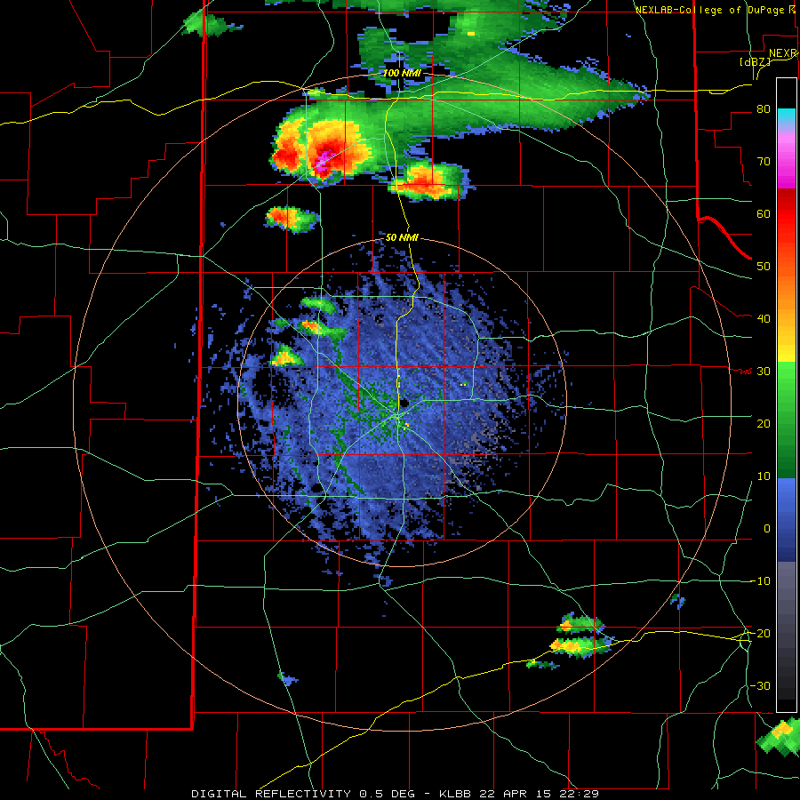 Radar animation from Lubbock WSR-88D valid from about 4:30 pm to 9:30 pm on Wednesday, April 22nd. Loop is courtesy College of DuPage (https://www.cod.edu). Click on the loop to view the full-size version.