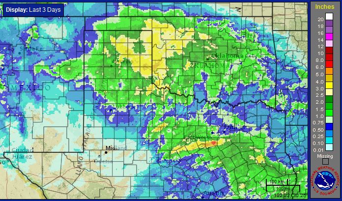 Radar-estimated, bias-corrected 3-day rainfall ending at 4 pm on Tuesday, April 28, 2015. Click on the map for a close up view of the South Plains and Rolling Plains region.