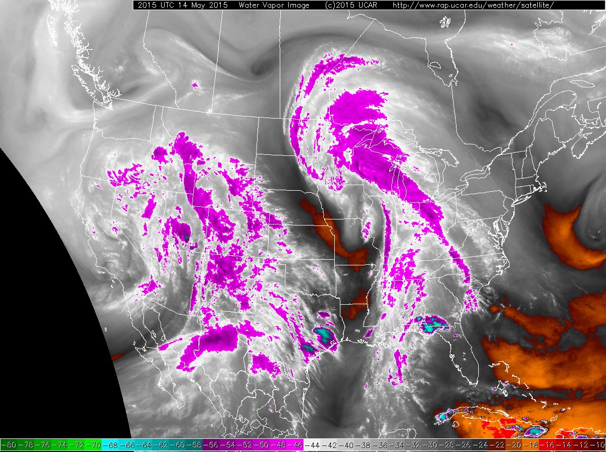 Water vapor imagery at 3:15 pm on Thursday, 14 May 2015. The pink to purple color south and west of West Texas corresponds to higher moisture content in the mid-upper levels of the atmosphere and is indicative of where the upper level disturbance is located.