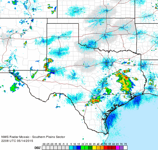 Regional radar animation valid from 5:08 to 6:18 pm on Thursday, 14 May 2015.
