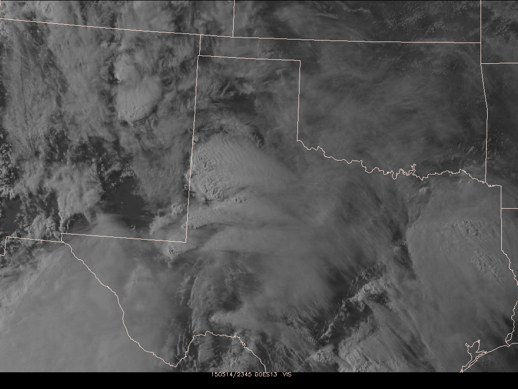 Visible satellite imagery at 6:45 pm on Thursday, 14 May 2015.