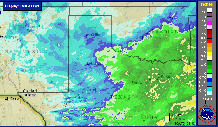 Four-day radar-estimated and bias-corrected rainfall for northwest Texas ending at 4 pm on 25 February 2016. For a closer view of the South Plains and Rolling Plains click on the image.