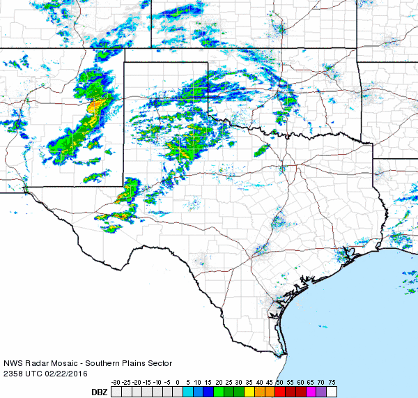 Regional radar animation from 5:58 to 7:08 pm on Monday, 22 February 2016.
