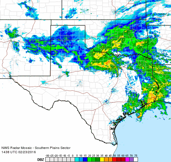 Regional radar animation from 8:38 to 9:48 am on Tuesday, 23 February 2016.