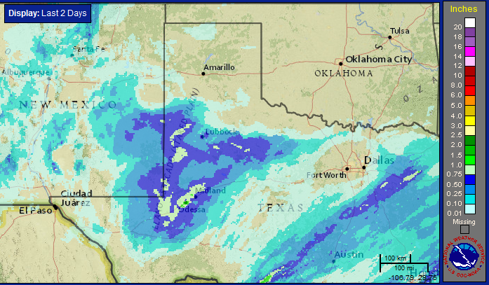 Two-day radar-estimated and bias-corrected rainfall ending at 9 am on 2 April 2016. A close-up view of the South Plains and Rolling Plains can be obtained by clicking on the image.