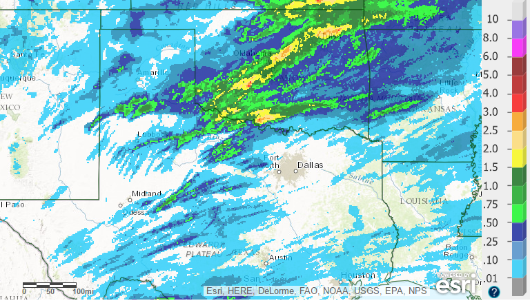 Bias-corrected radar-derived 24 hour precipitation ending at 7 am on 11 April 2016. Click on the image to see a closer view of the South Plains region.