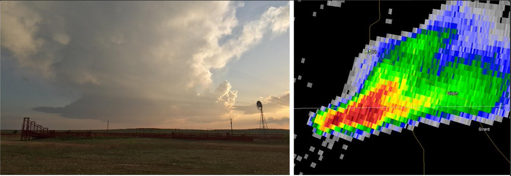 Picture and radar depiction of a low-precipitation (LP) supercell storm near Spur during the evening of 10 April 2016. The picture is courtesy of Bruce Haynie. Click on the image for a larger view of the photograph.