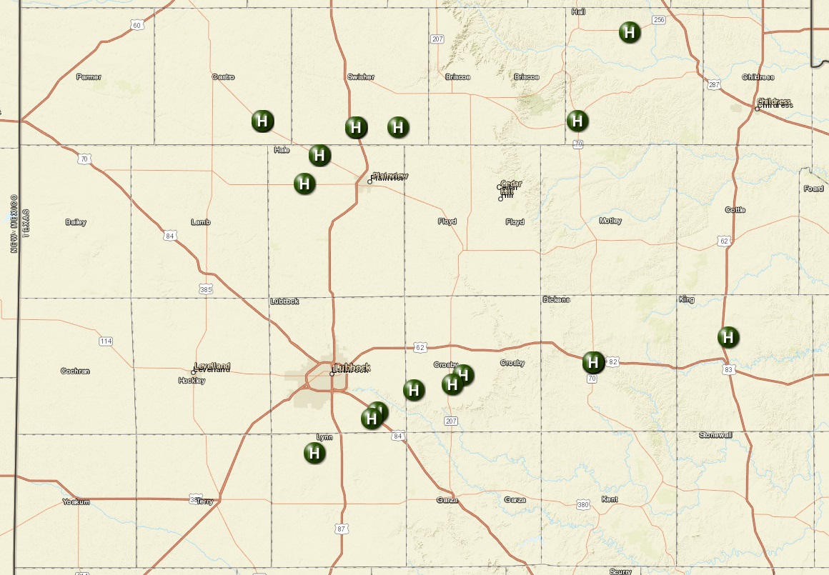 Plot of the preliminary severe hail reports received from the afternoon and evening of 10 April 2016.