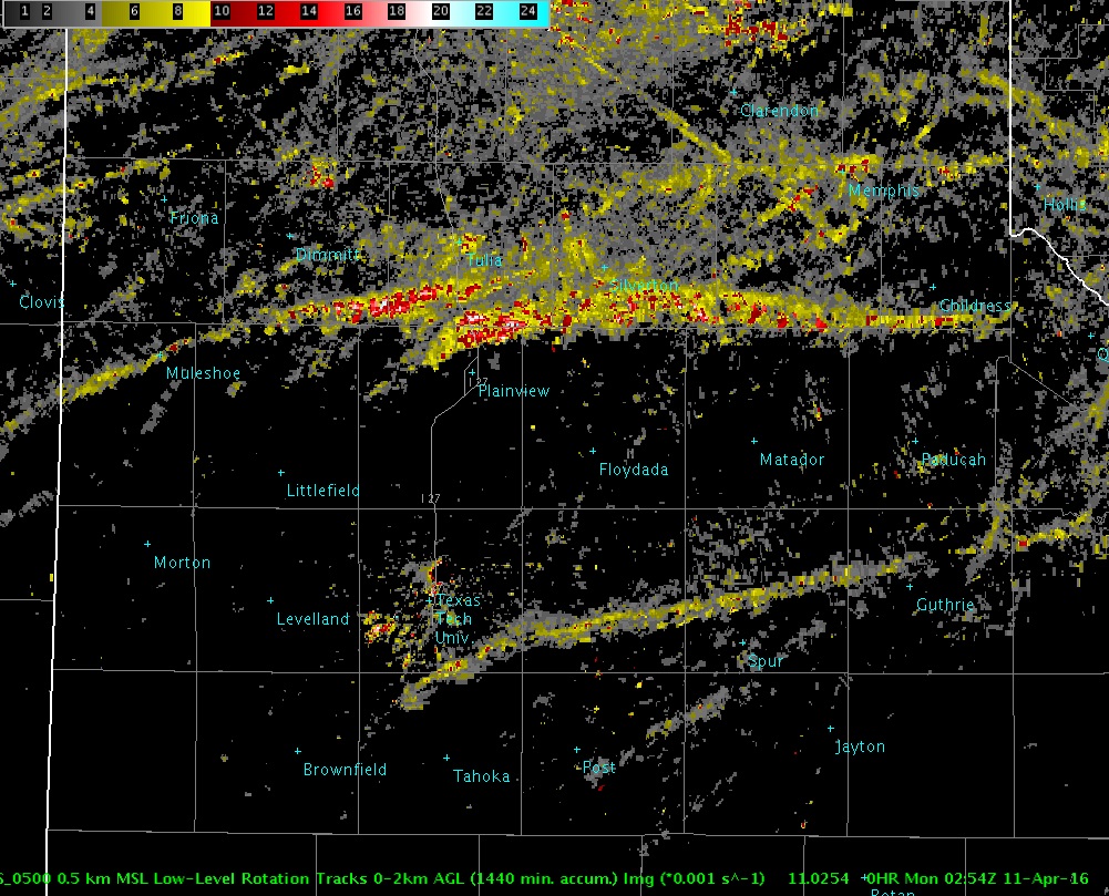 Low-level rotation track, as derived from radar, for the afternoon and evening of 10 April 2016.