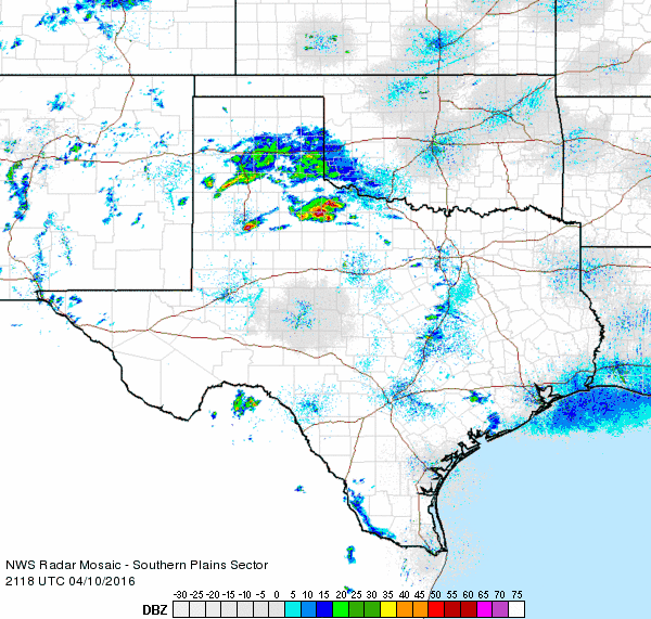 Regional radar animation valid from 4:18 pm to 5:28 pm on 10 April 2016.
