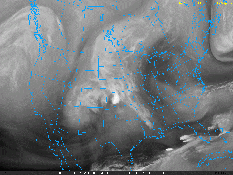 Water vapor satellite imagery captured between 8:15 am and 7:45 pm on 16 April 2016.