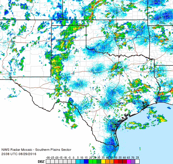 Regional radar animation valid from 3:38 pm to 4:48 pm on Monday, 29 August 2016.